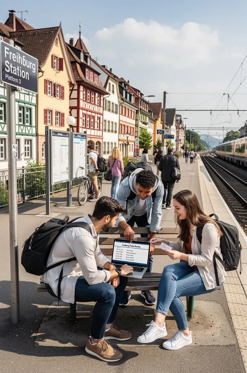 Panoramaaufnahme eines historischen Bahnhofs in einer deutschen Stadt bei klarem Wetter